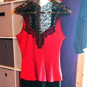 Lipstick Boutique Red Peplum Blouse with Black Embellishments